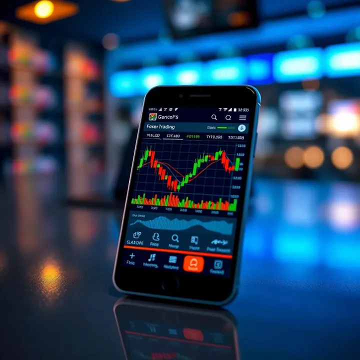 Mobile device displaying forex trading charts and regulatory compliance icons