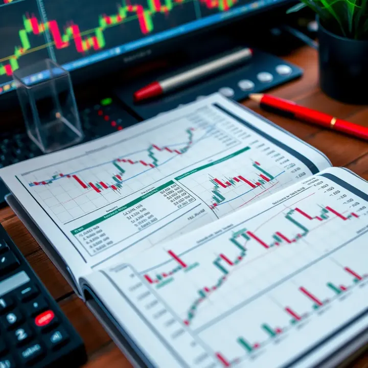 Detailed forex trading manual opened on a desk showing charts and financial analysis