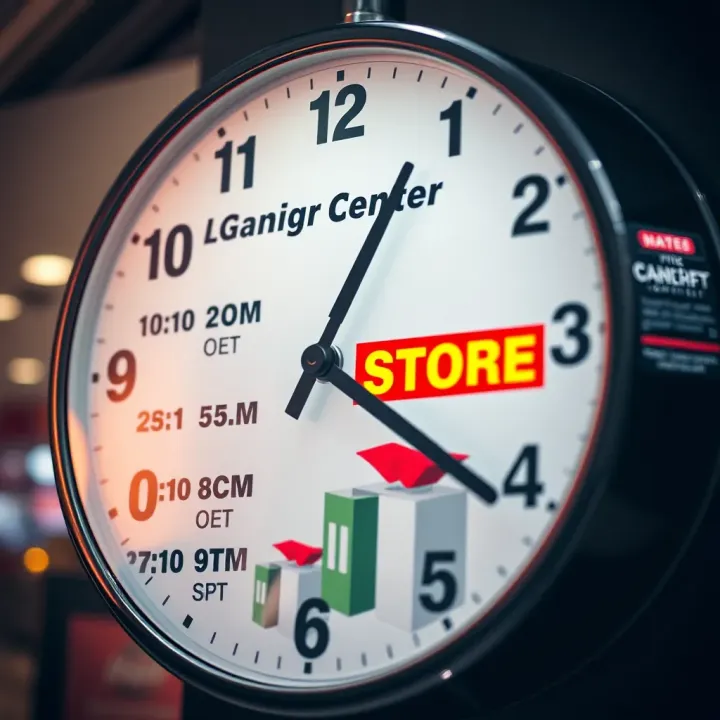 Clock showing trading hours of Cresta shopping center with Game store highlighted