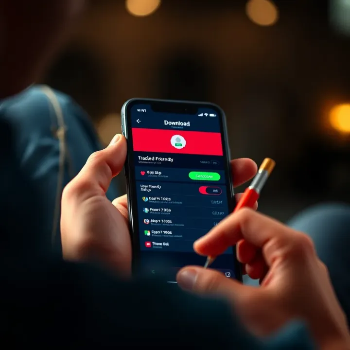 Smartphone screen showing app download progress and user-friendly setup options for trading