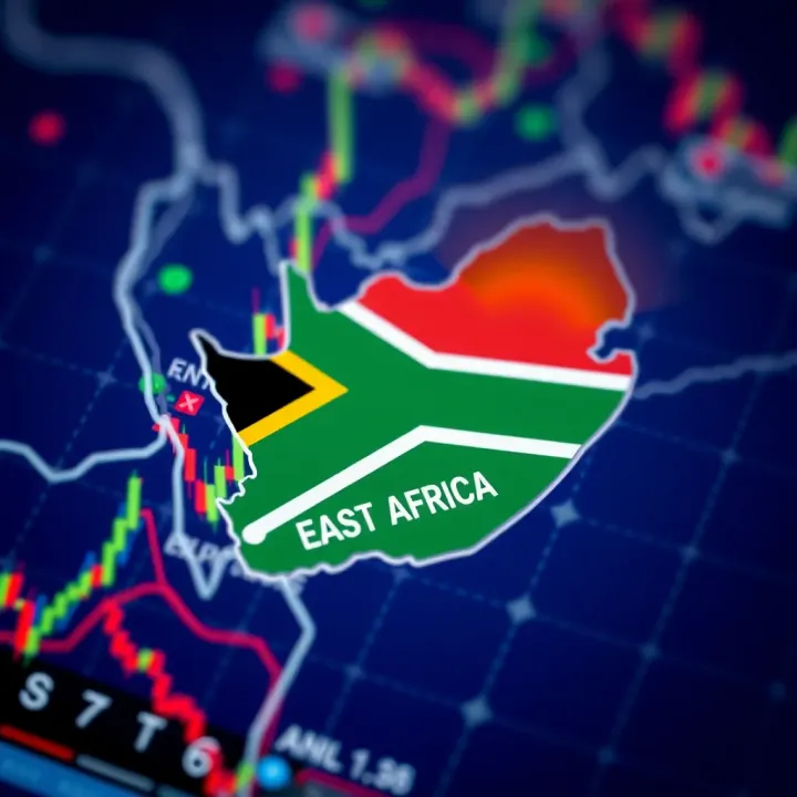 South African flag overlaid on a digital map highlighting East London forex trading hubs