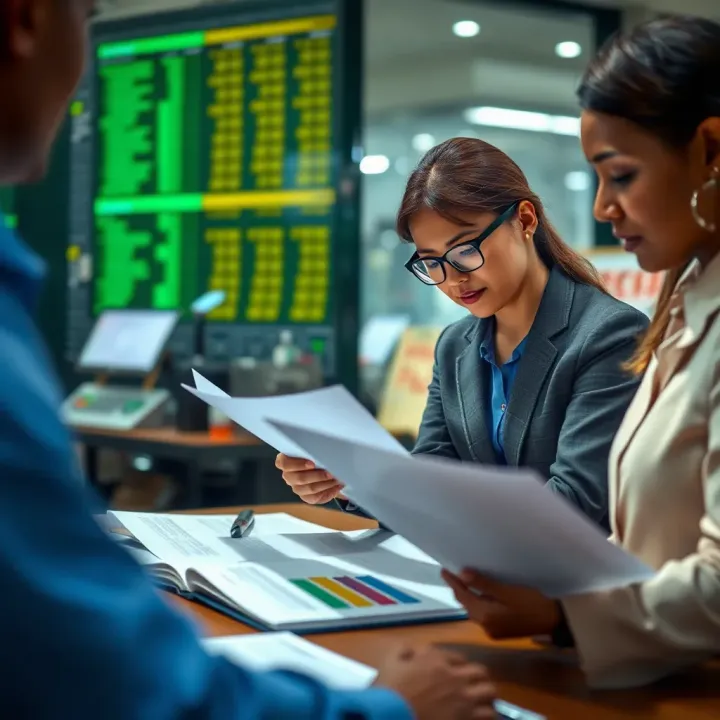 Illustration of South African business professionals analyzing regulatory documents and compliance checklists