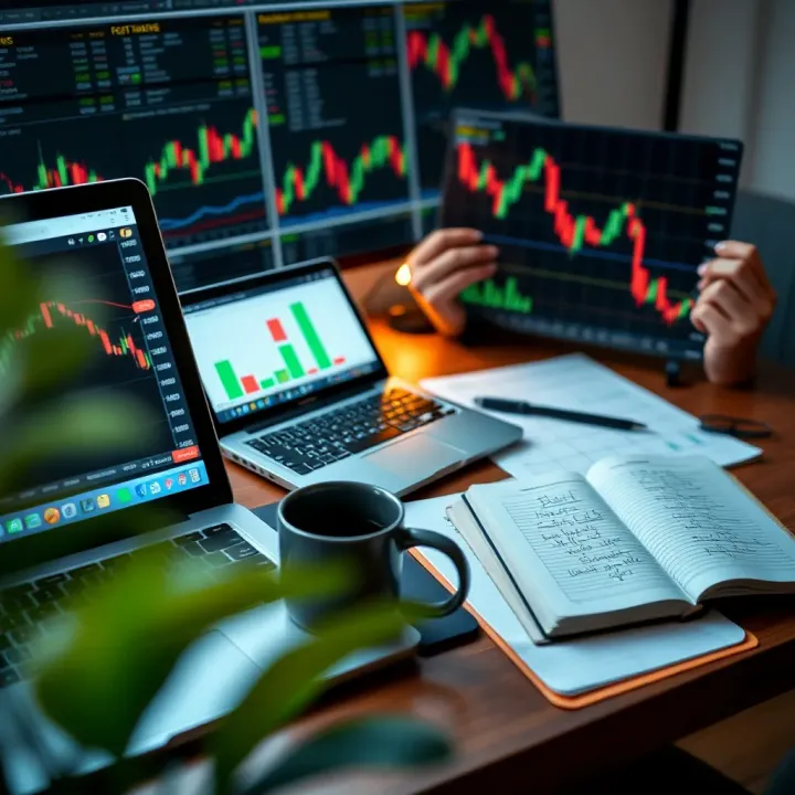 Conceptual forex trading workspace with currency charts, laptop, and trading notes