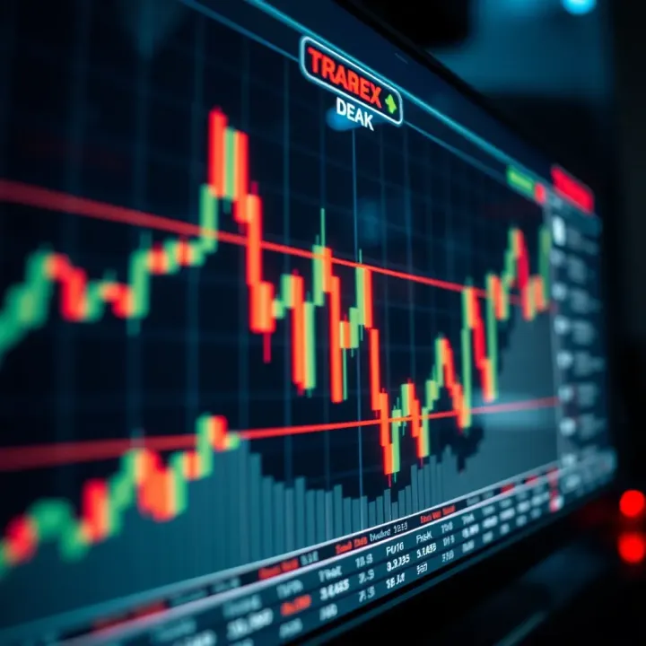Graph showing upward trend with candlestick chart and forex indicators
