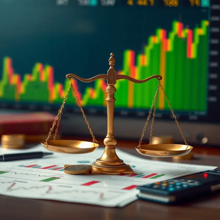 Conceptual illustration of risk management and trading psychology with charts and balance scales