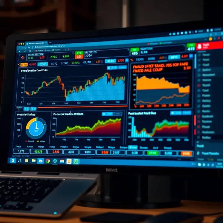 Real-Time Fraud Detection and Control Monitoring System Digital dashboard displaying fraud detection metrics and control measures on a computer screen