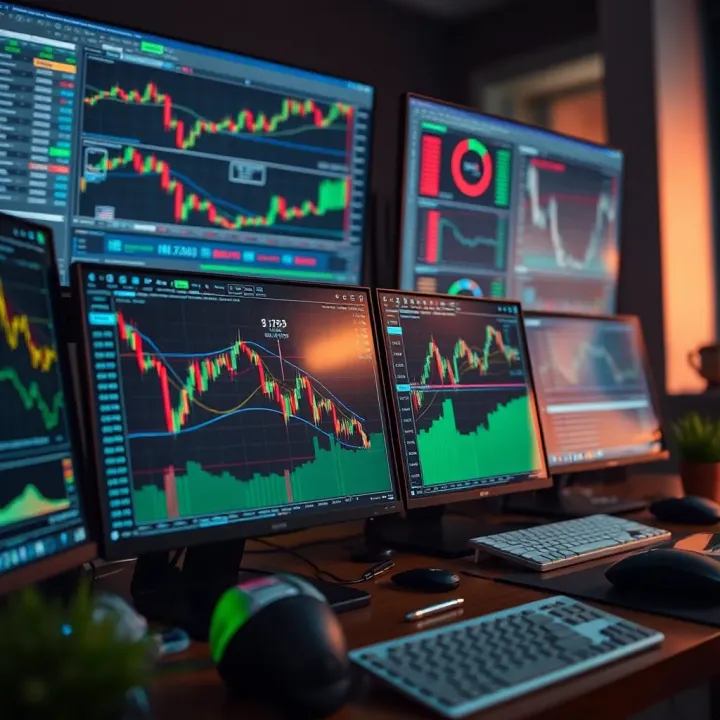 Collection of forex trading tools including software, risk management graphs, and market analysis dashboards