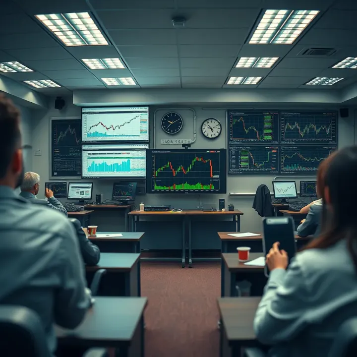 Illustration of a digital classroom with forex trading charts and educational materials displayed on a screen