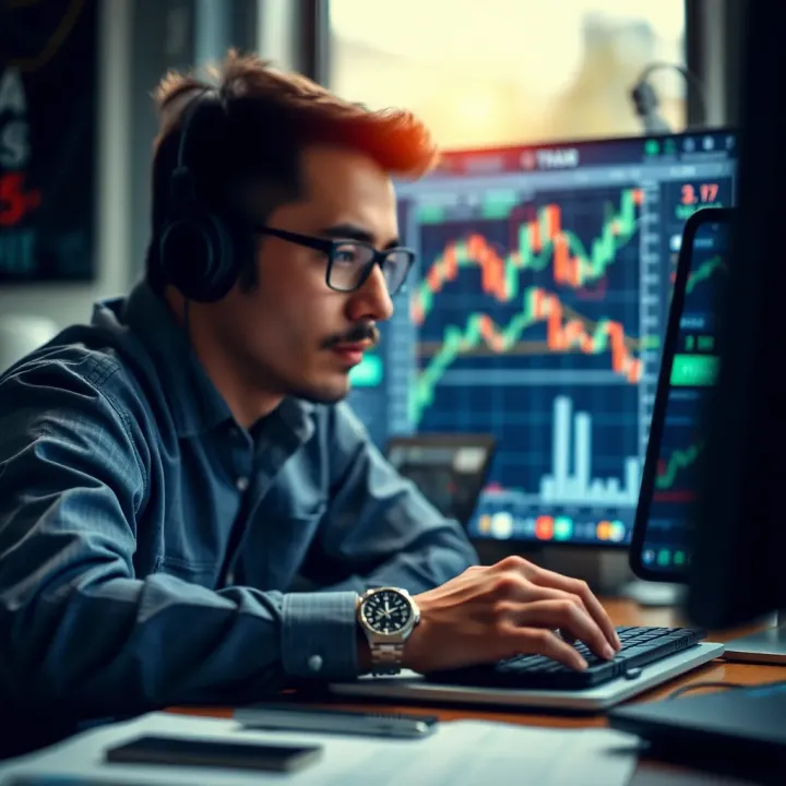 Conceptual graphic showing a trader analyzing forex charts with icons representing learning and application of trading strategies