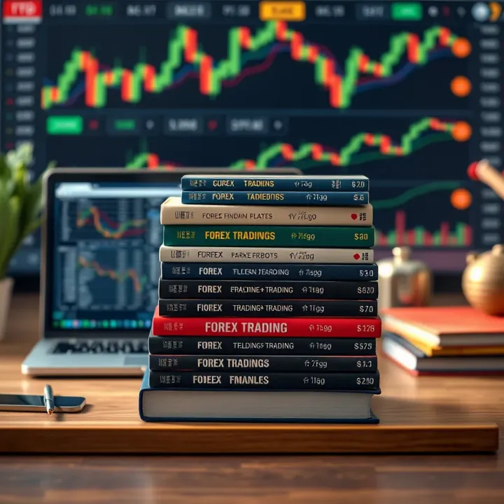 Stack of forex trading books on a wooden desk with a laptop and currency charts in the background