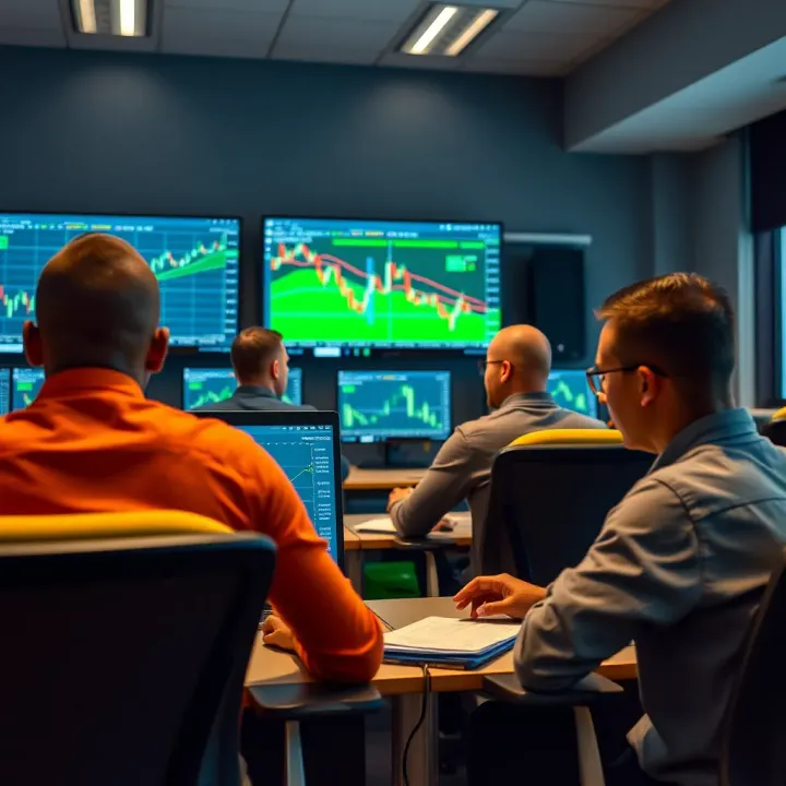 Classroom setting with students attentively learning forex trading concepts on computer screens