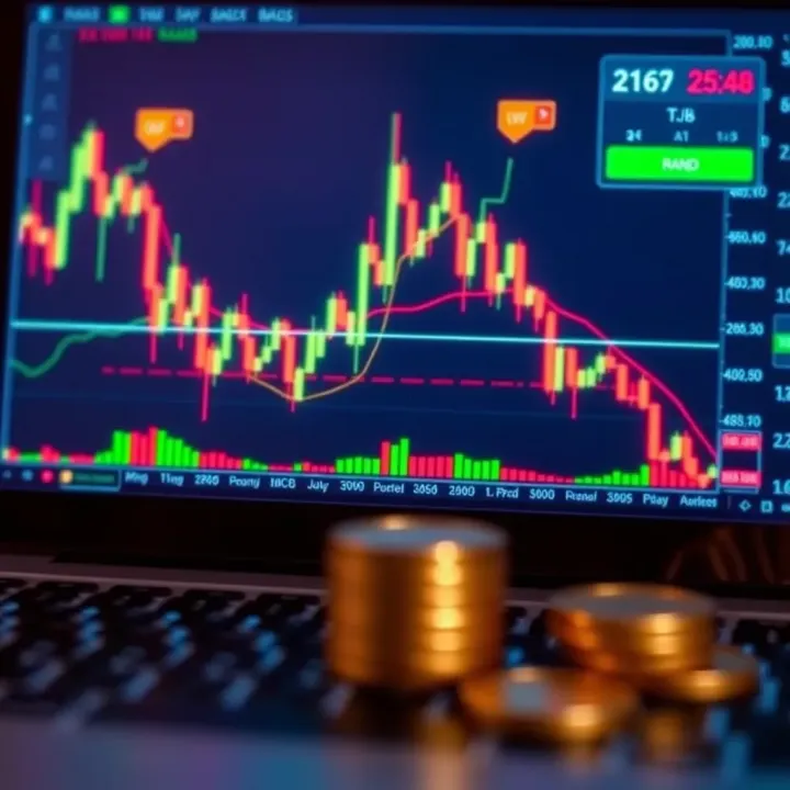 Graph displaying forex market trends with South African rand symbols and candlestick patterns on a digital screen