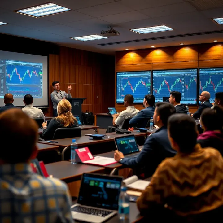 Classroom setting with participants learning forex trading strategies