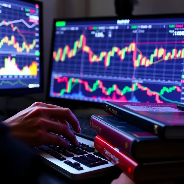 Close-up of a person analyzing forex charts on a computer screen with financial books beside the keyboard