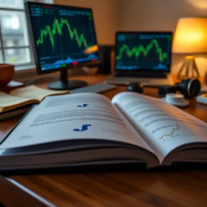 Open forex trading book with charts and currency symbols on a wooden desk