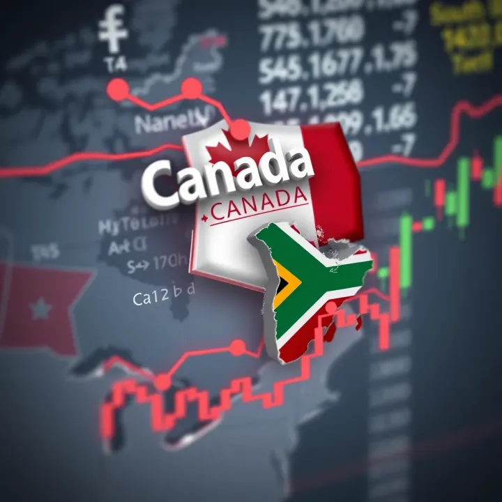 Map showing Canada and South Africa with forex trading connection