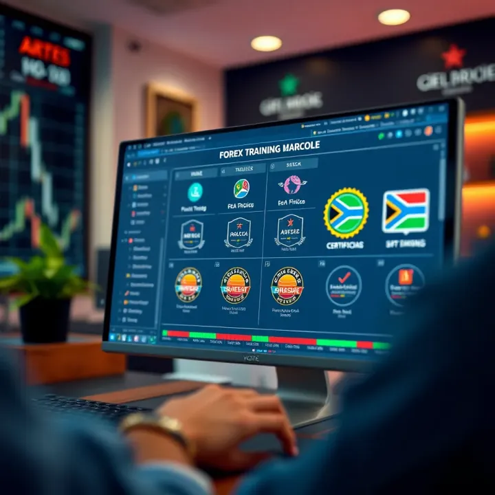 Forex Trading Training and Certification Overview Illustration of a computer screen showing forex trading course modules and certification badges