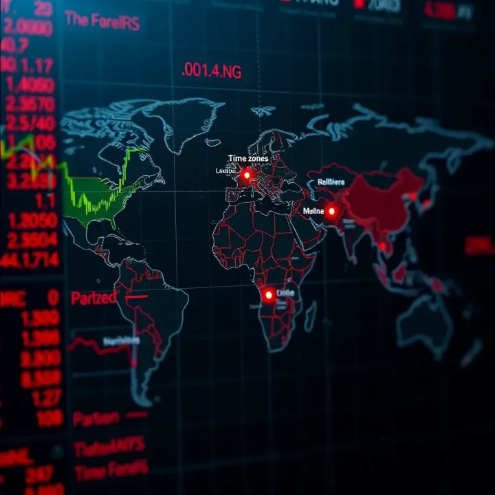 World map highlighting major forex trading centers with their respective time zones