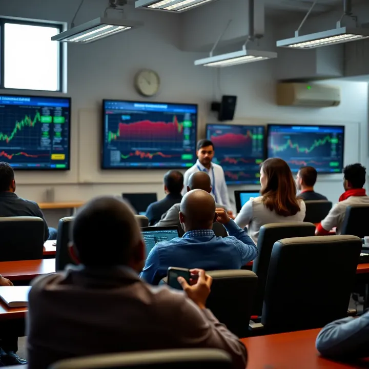 Classroom setting with students learning forex trading concepts from an instructor