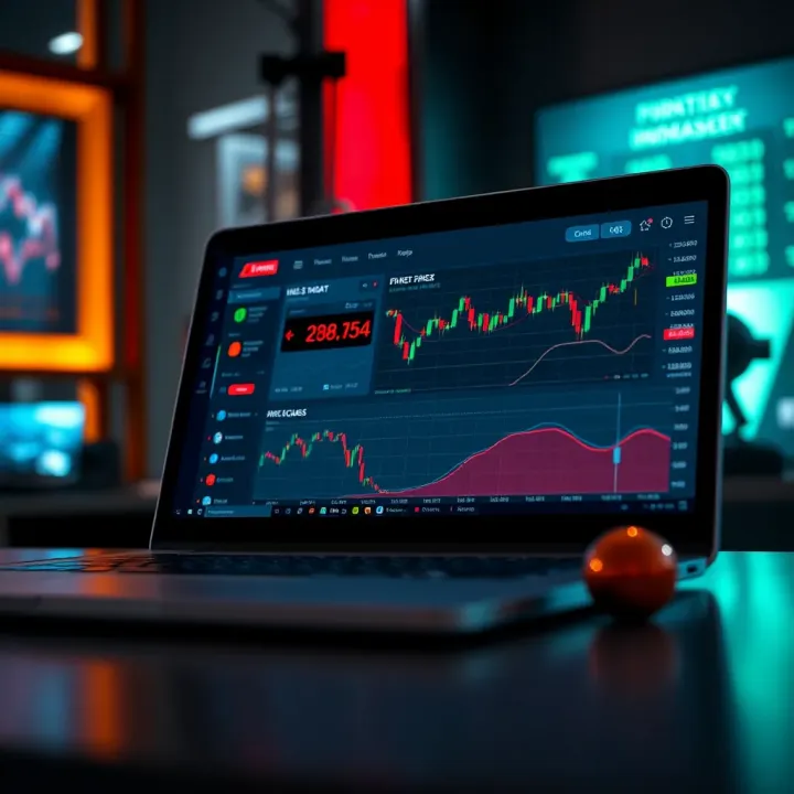 Laptop screen showing forex trading dashboard with risk management tools and market trends