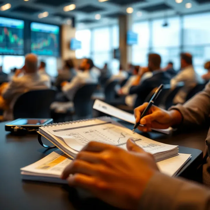 Close-up of forex trading educational materials and notes taken during a seminar