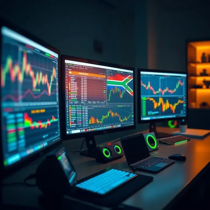 Desktop setup showing multiple monitors with forex trading platforms and financial data relevant to South African market