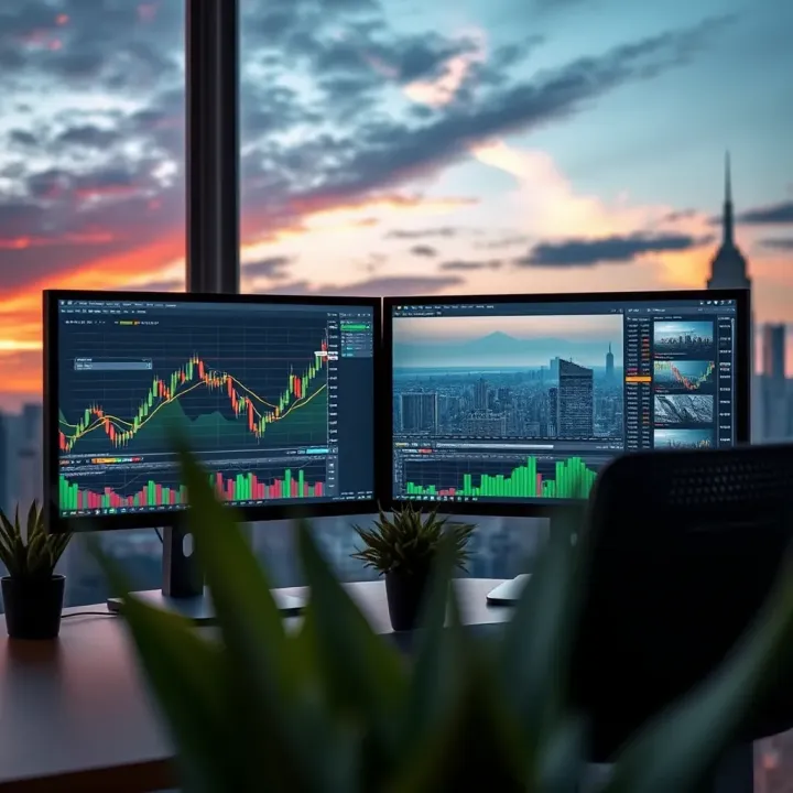 A modern forex trading desk setup with a dual monitor display featuring dynamic financial charts and a tranquil cityscape wallpaper