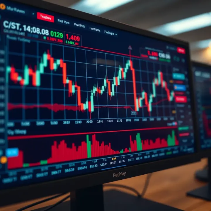 Graph showing currency pair trends with trading indicators on a digital screen