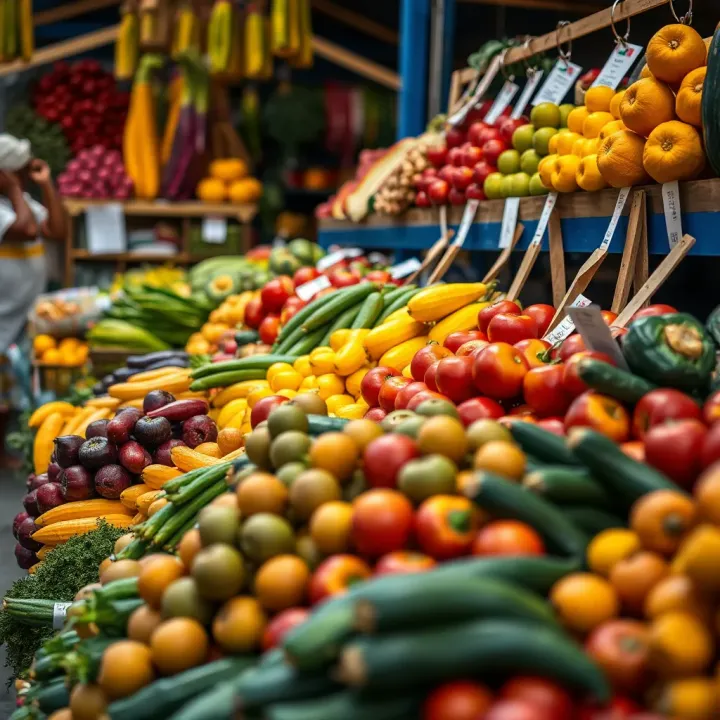 Fresh Produce Display During Peak Trading Hours at Montana Market Colorful display of fresh fruits and vegetables arranged in market stalls during peak trading hours