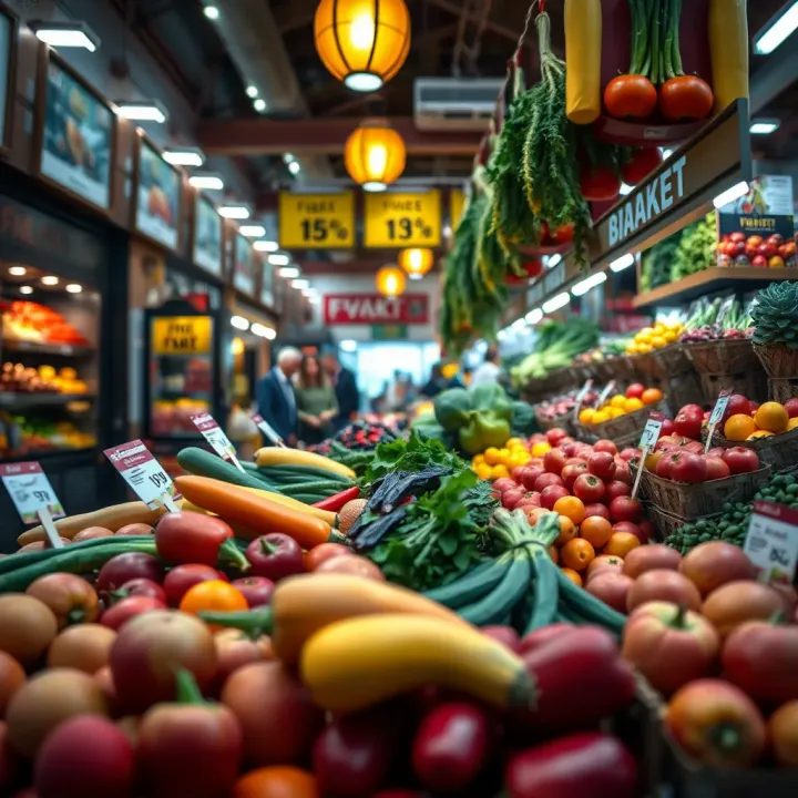 Fresh fruits and vegetables neatly displayed at the vibrant Fruit and Veg Market in Park Meadows