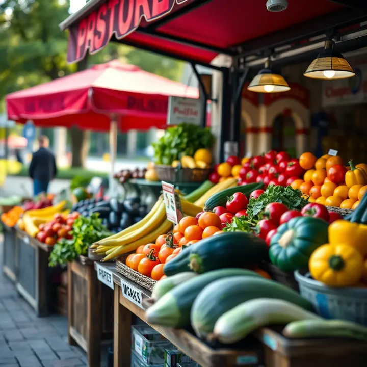 Fresh fruits and vegetables displayed at a vibrant outdoor park market stall
