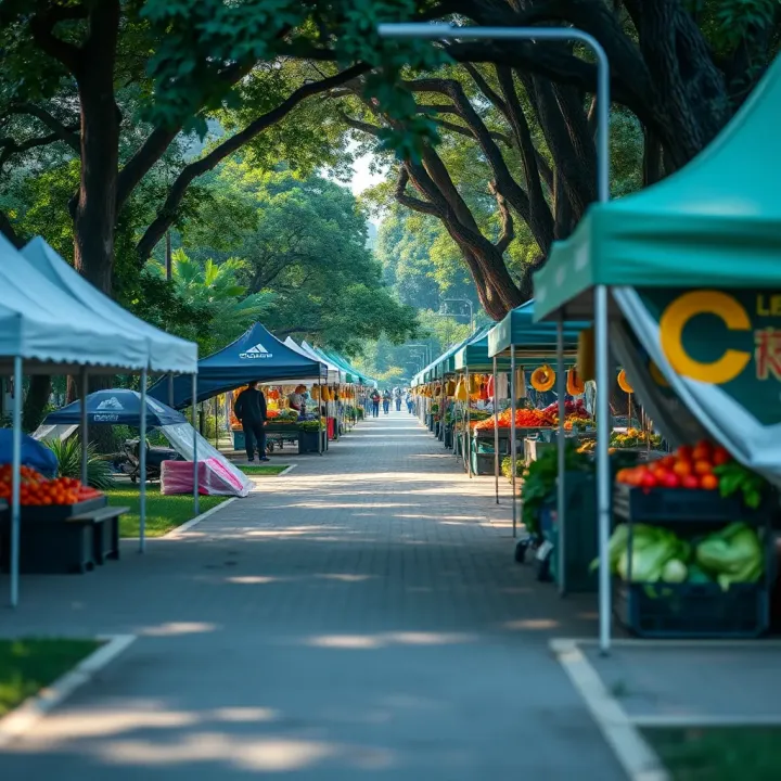 Fruit and Vegetable Vendor Tents Along Park Pathway Park pathway lined with fruit and vegetable vendor tents during trading hours