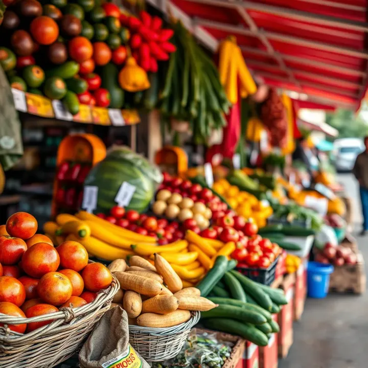 Fresh fruits and vegetables arranged neatly at a vibrant Polokwane market stall during the day