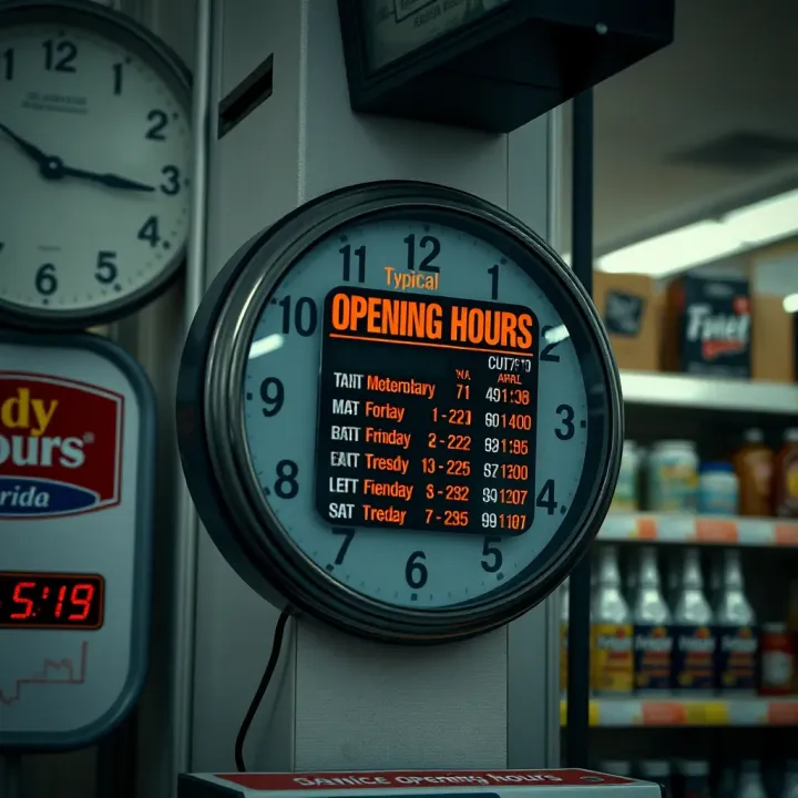 Clock showing typical opening hours of a general store on a wall