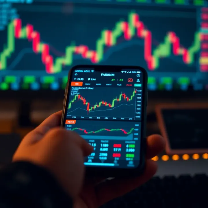Forex Trading Dashboard on Mobile Device Forex trading dashboard showing currency charts and trading indicators on a mobile device screen
