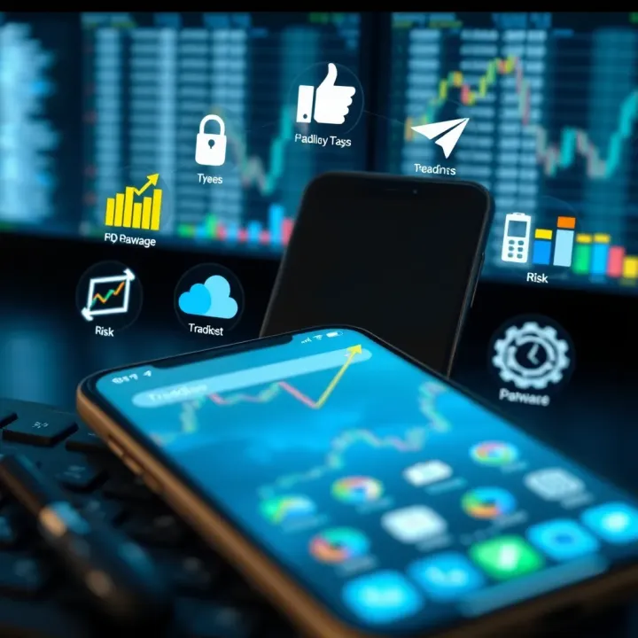 Illustration of a smartphone with various trading tools and risk management icons surrounding it
