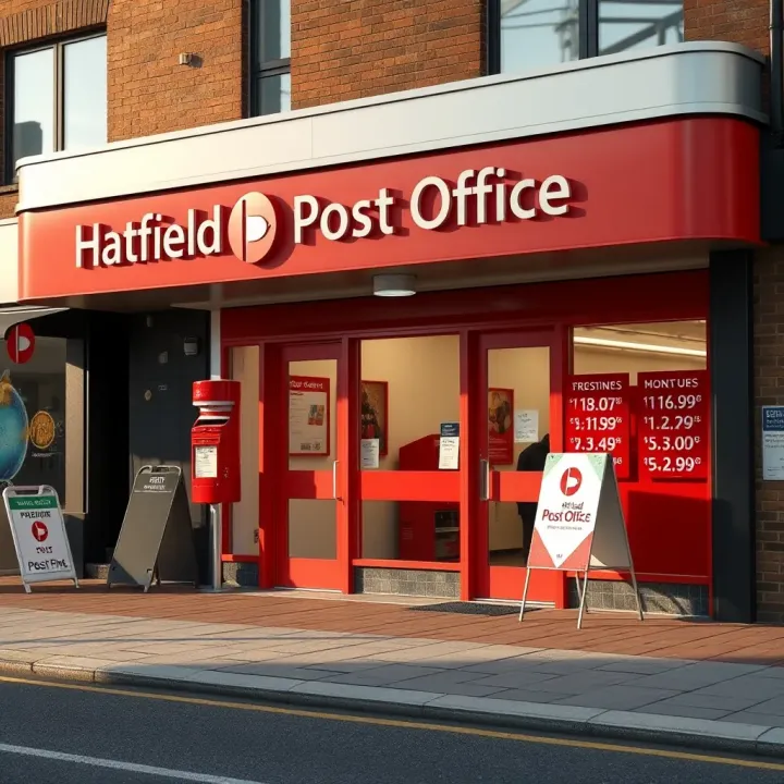 Exterior view of Hatfield Post Office showing entrance and operating hours display