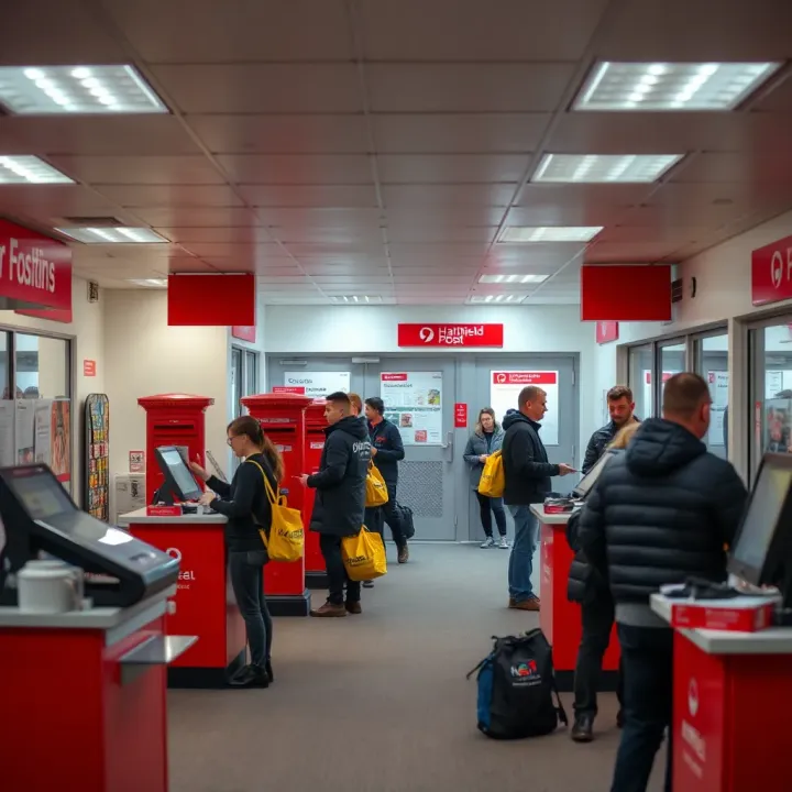 Interior of Hatfield Post Office with postal counters and customers receiving services