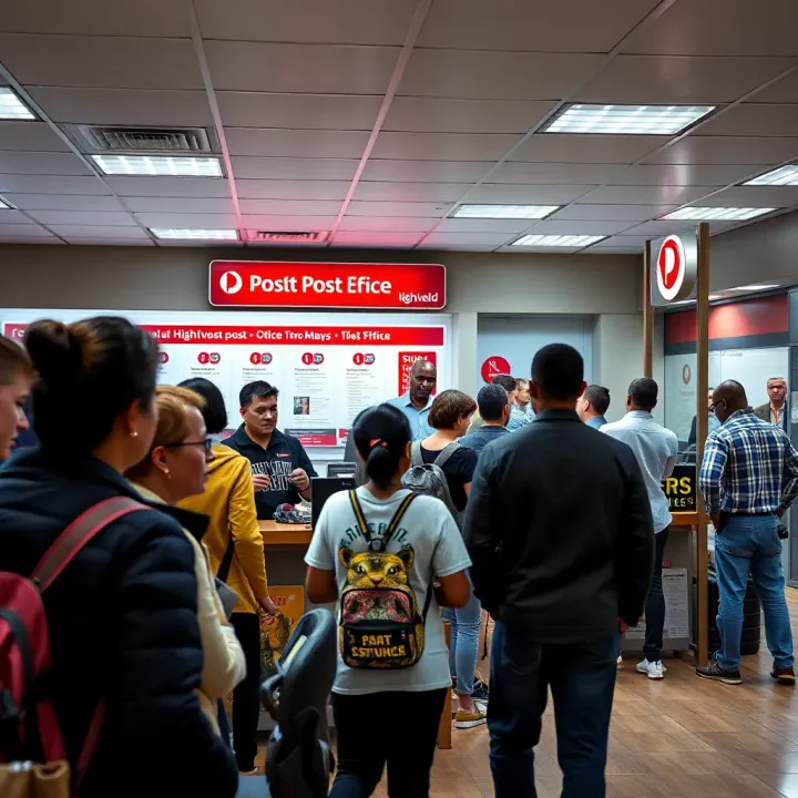 Customer Service at Highveld Post Office Customer queue at Highveld Post Office counter with staff assisting at service desks