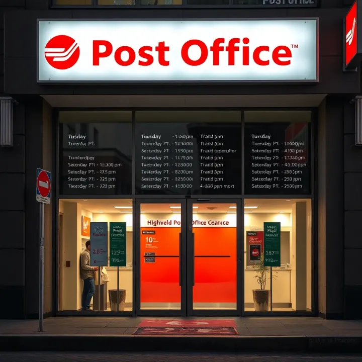 Front entrance of Highveld Post Office with clear signage showing operational hours