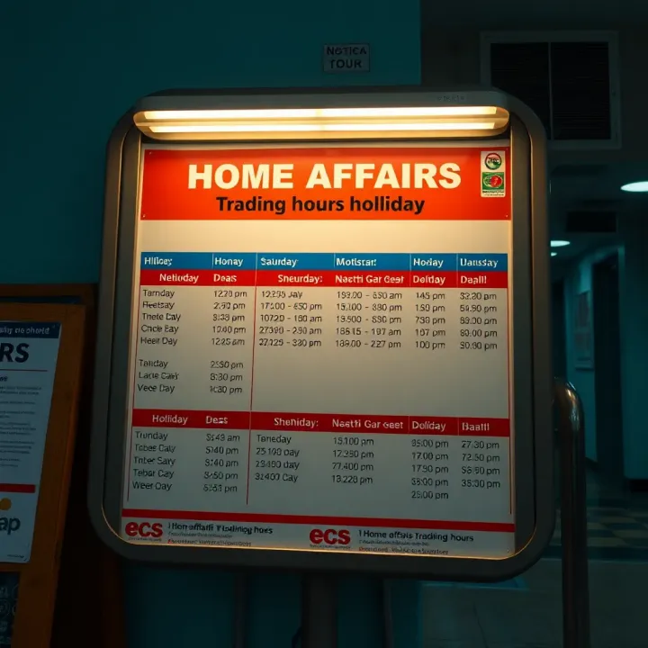 Notice board displaying updated Home Affairs trading hours and public holiday schedule