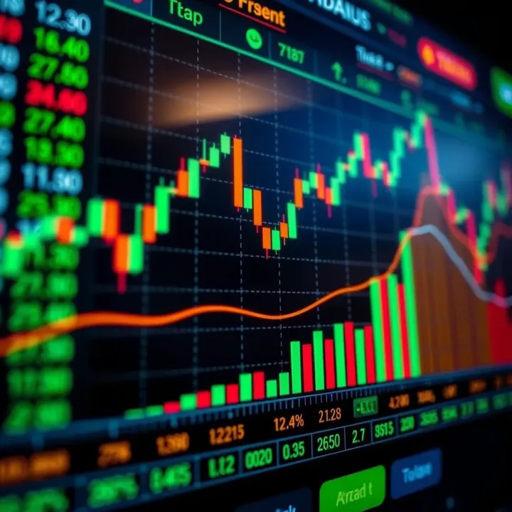 Graph showing forex market currency pairs with upward and downward trends on a digital interface
