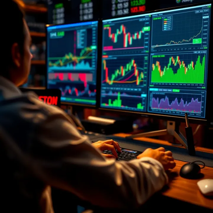 Illustration of a trader analyzing charts and managing risk using trading tools on a computer screen