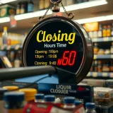 Clock displaying opening and closing times for liquor stores during regulatory hours