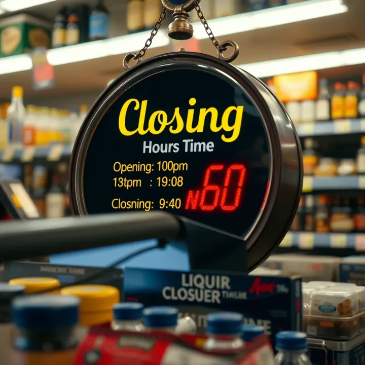 Clock displaying opening and closing times for liquor stores during regulatory hours
