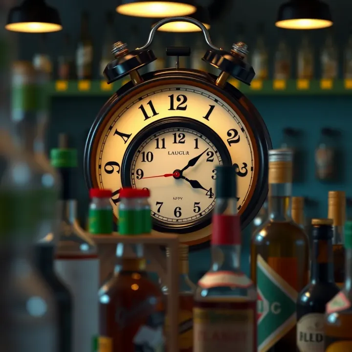 Clock with alcohol bottles representing new legal trading times for liquor sales
