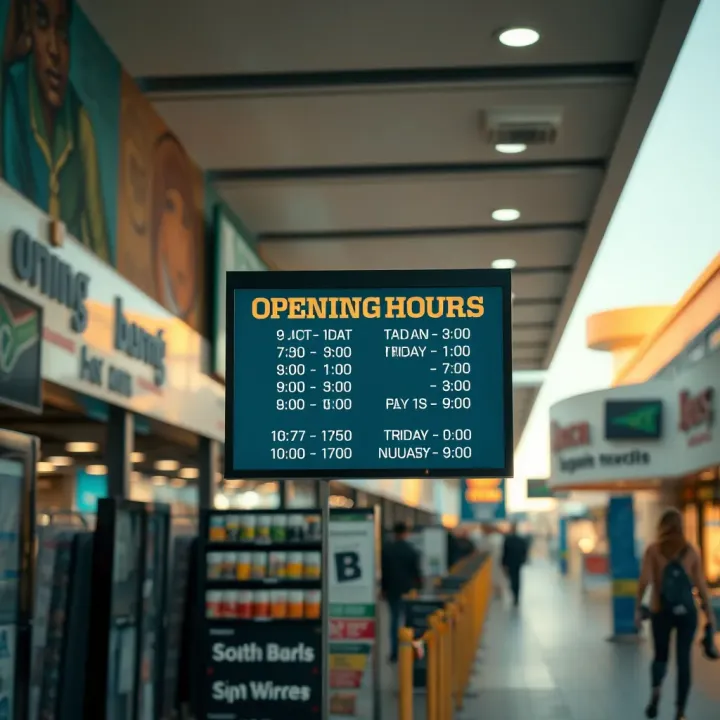 Exterior view of a busy shopping plaza with clearly visible opening hours sign
