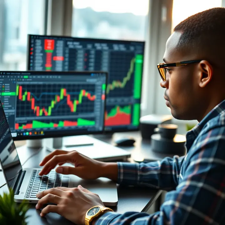 South African trader studying forex charts on laptop with financial data on screen