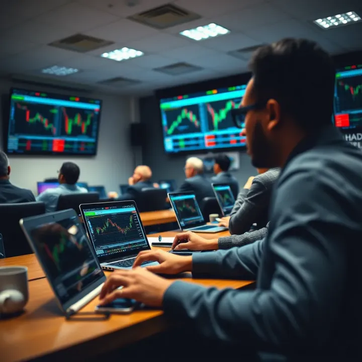 Classroom setting with students learning forex trading using laptops and charts