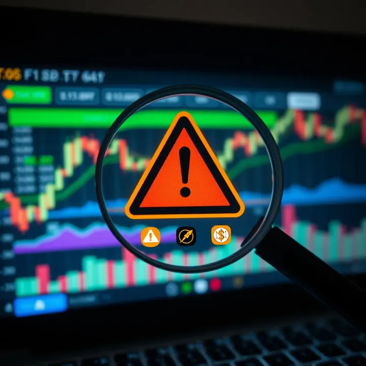 Identifying Warning Signs of Binary Options Fraud Illustration of a magnifying glass revealing warning icons over a digital trading platform